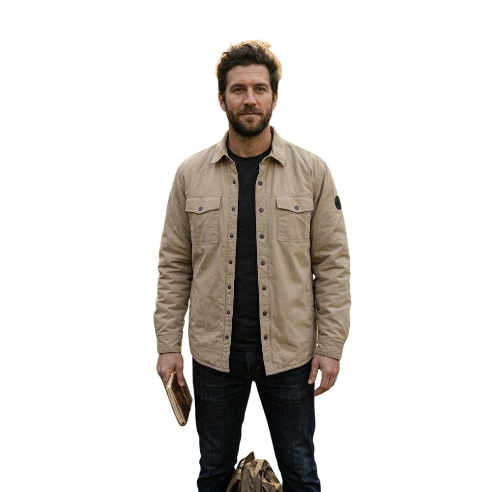 Eddie Bauer Mens XLT Khaki Fleece Lined Snap Front Shirt Jacket Outdoor Shacket